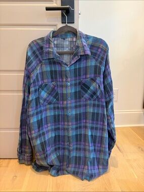 Blue & Purple Plaid Flannel Button-Up Shirt Dress